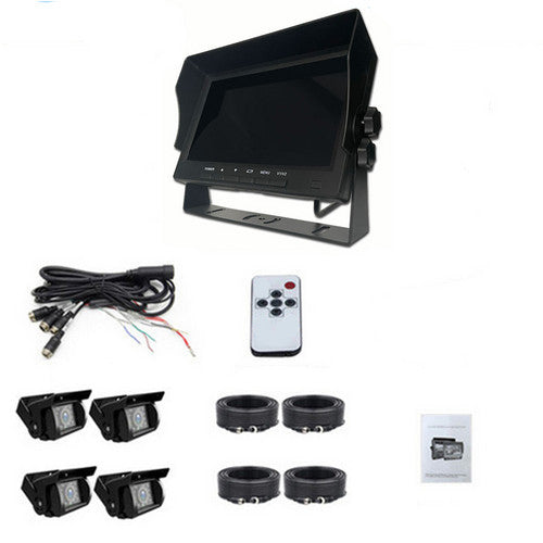 4-Channel Split 7" Screen Monitor w/4 Reversing Camera Kit for Truck Trailer Bus