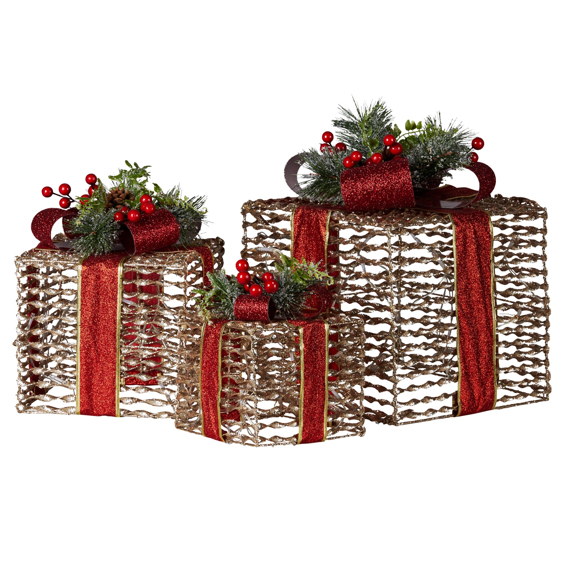 Swishmas Set Of 3 Christmas Gift Boxes With Lights - Champagne With Red Bows