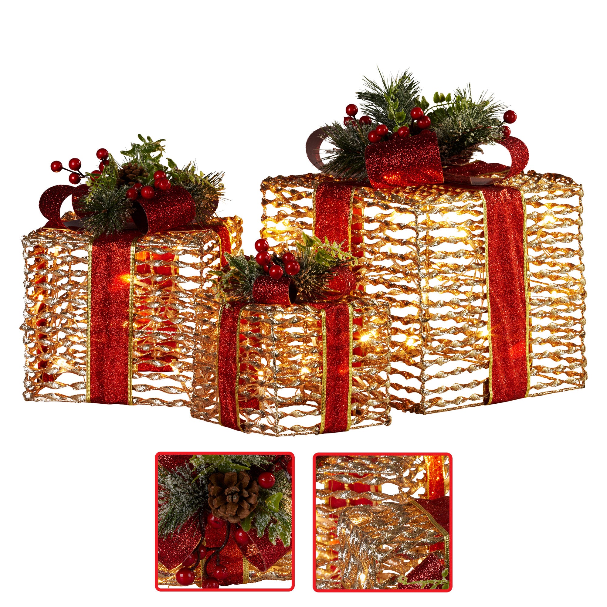 Swishmas Set Of 3 Christmas Gift Boxes With Lights - Champagne With Red Bows