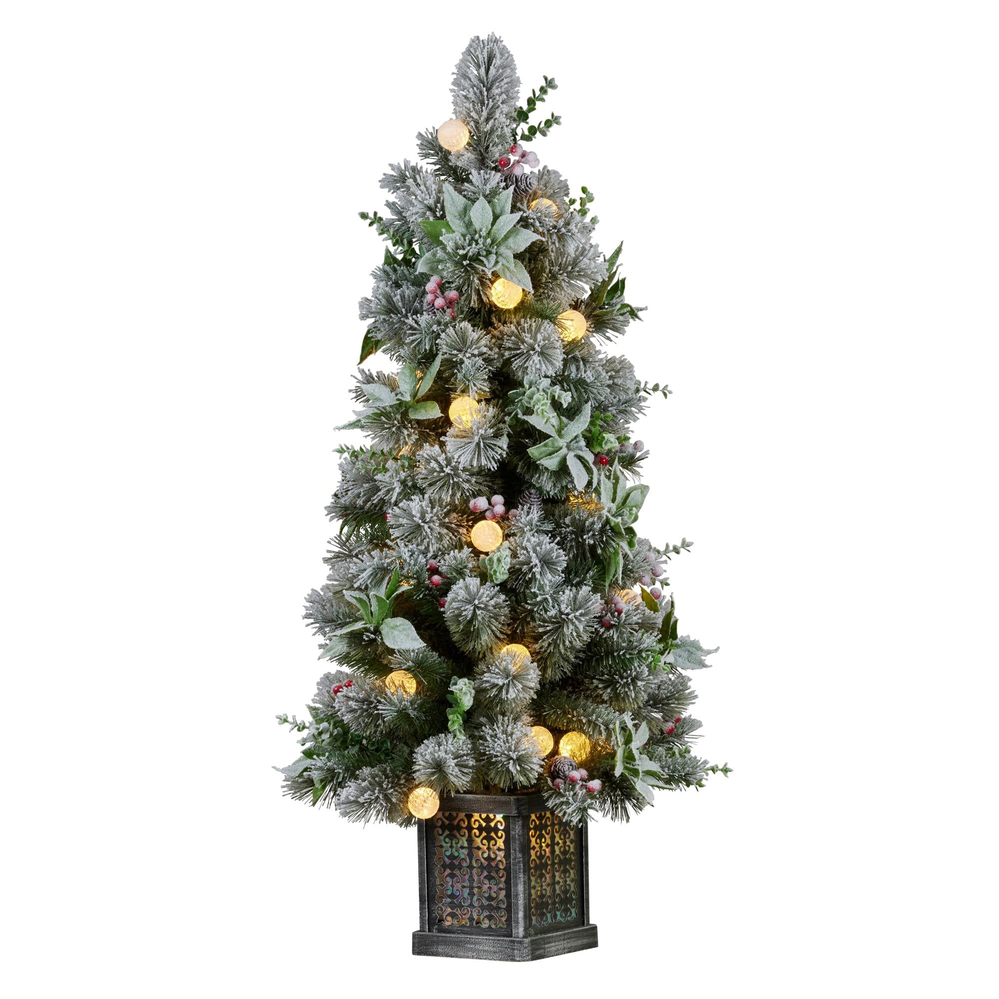 Swishmas Snowy Crown Pine Potted Christmas Tree 1.2m Multicolour Pre-Lit with Snowball Lights