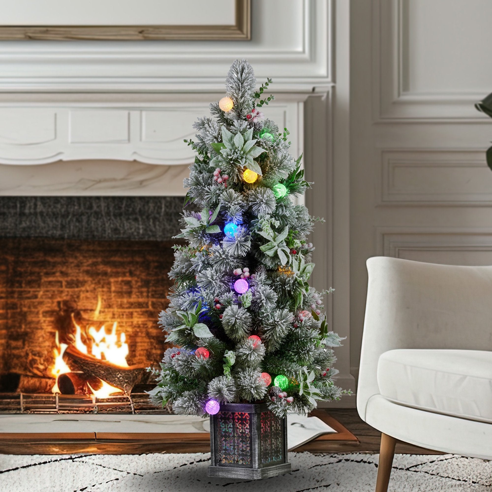 Swishmas Snowy Crown Pine Potted Christmas Tree 1.2m Multicolour Pre-Lit with Snowball Lights