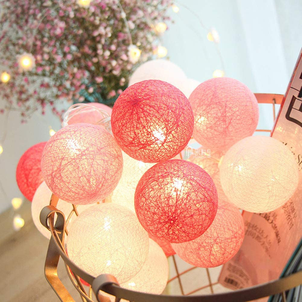 1 Set of 20 LED Pink 5cm Cotton Ball Battery Powered String Lights Christmas Gift Home Wedding Party Girl Bedroom Decoration Outdoor Indoor Table