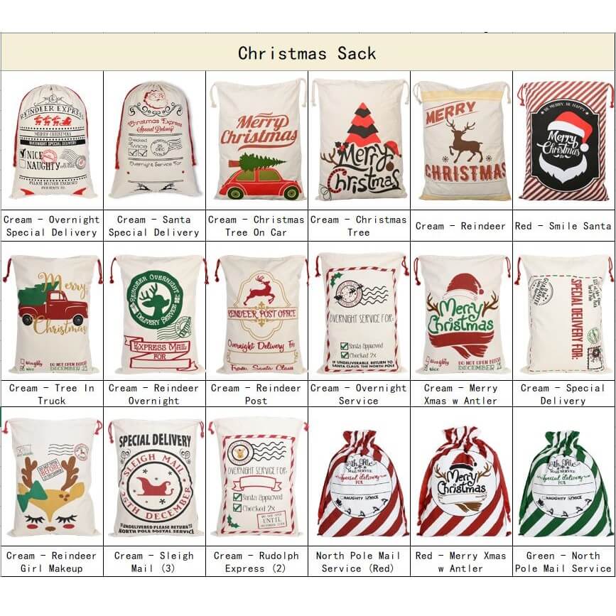 Large Christmas XMAS Hessian Santa Sack Stocking Bag Reindeer Children Gifts Bag, Cream - Reindeer First Class