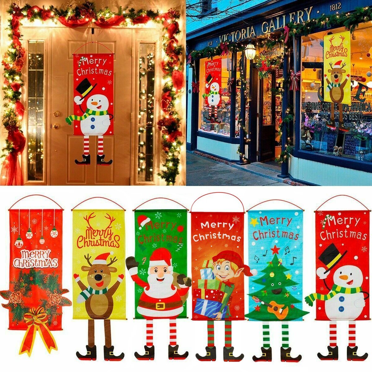 Christmas Hanging Banner Flag Door Window Décor Santa Reindeer Snowman Ornaments, Elf