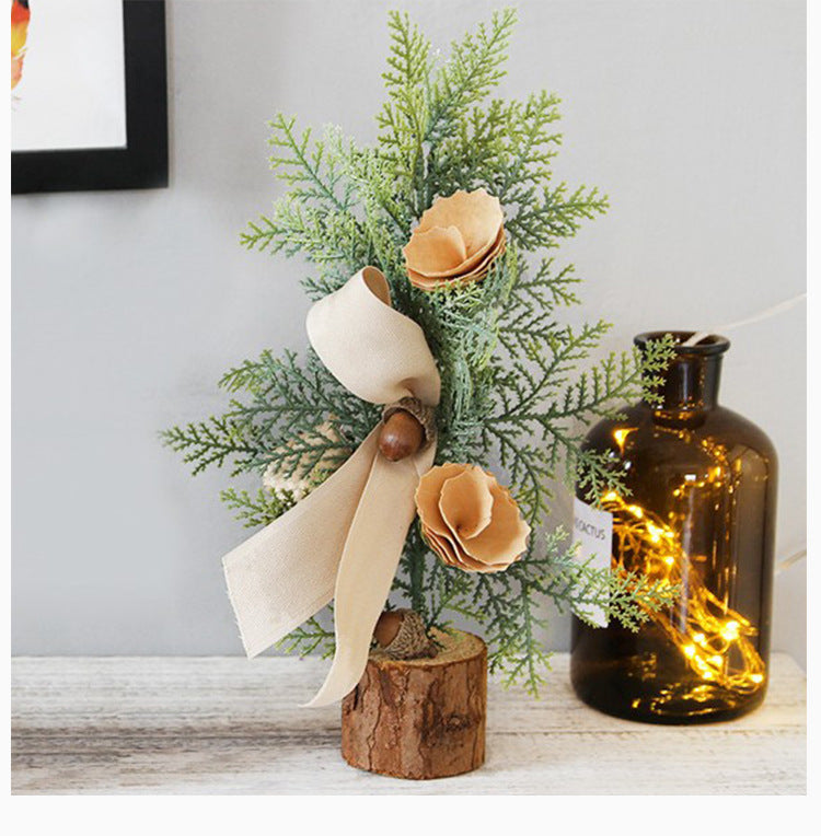 Rustic Mini Tabletop Greenery Ornament – 10 Inches Tall with Burlap Bow and Acorn Accents  (4 trees)