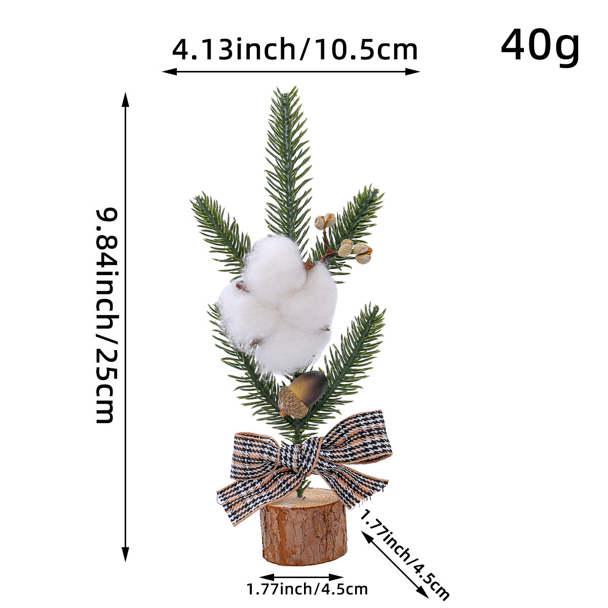 Mini Rustic Christmas Tree Decoration – 9.84 Inches Tall with Cotton and Plaid Bow Accents (4 trees)