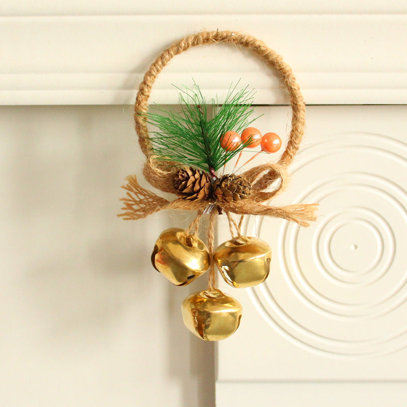 Rustic Christmas Ring Ornament with Gold Bells and Pinecones - Holiday Hanging Decor 10 pieces