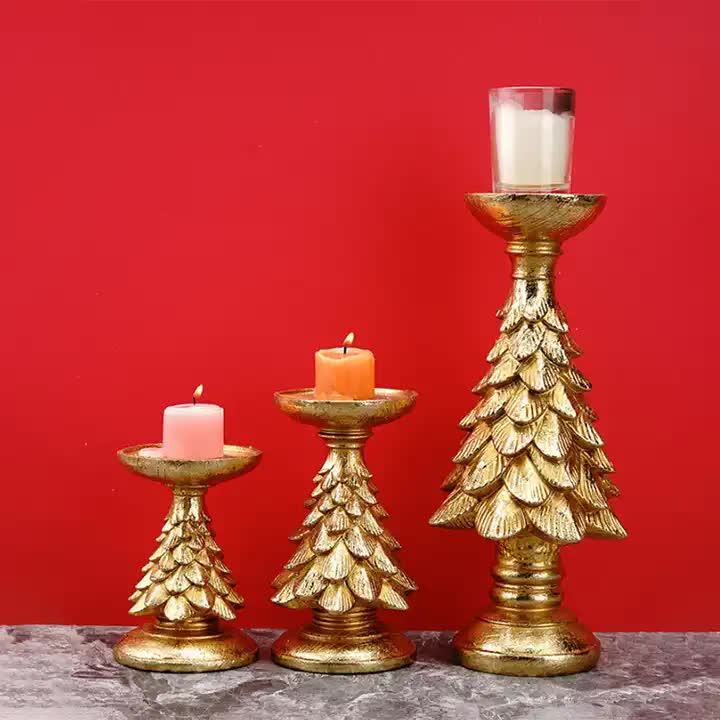 Gold Christmas Tree Candle Holder - Elegant Resin Pillar Stand, 15.5cm Festive Decoration