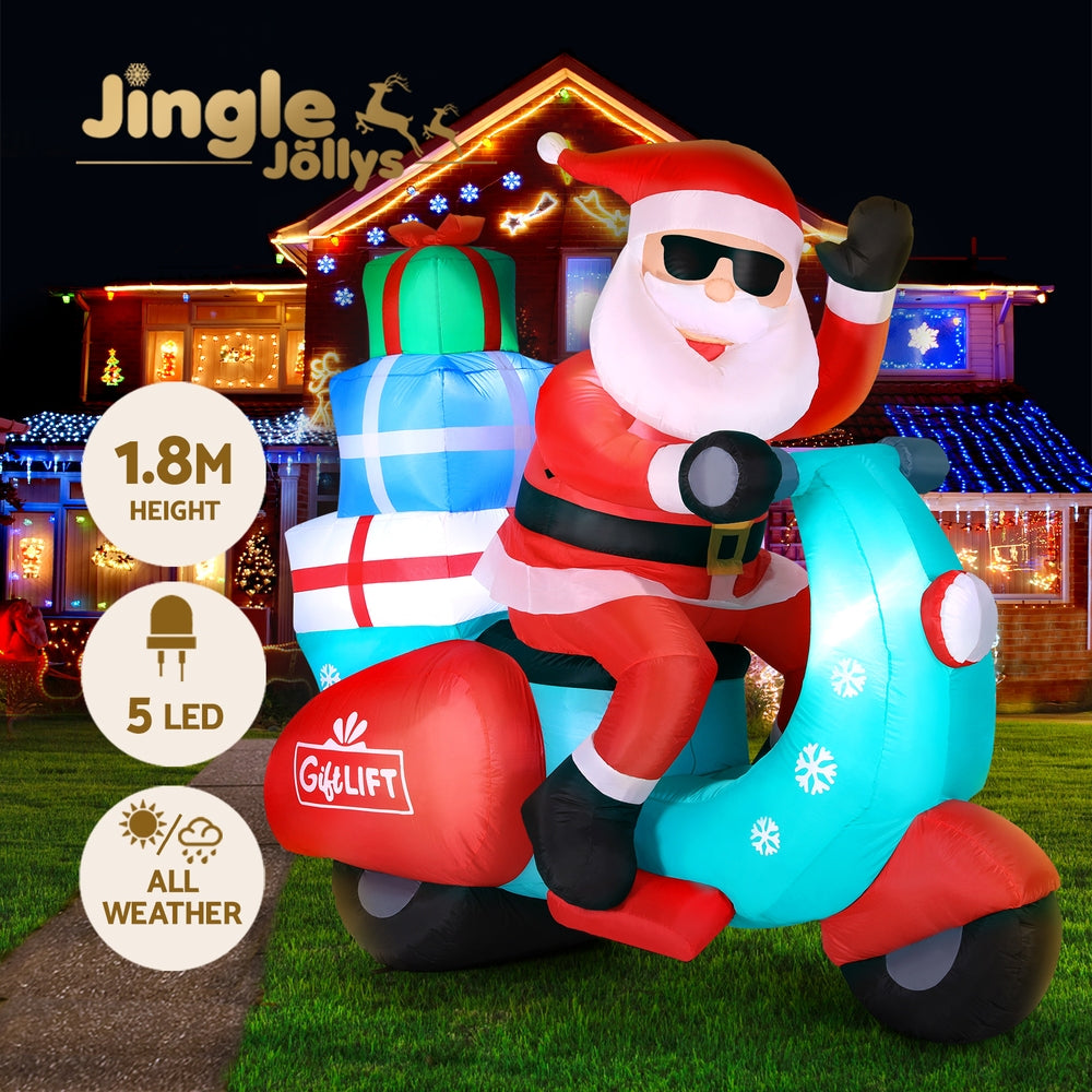 Jingle Jollys Christmas Inflatable Santa Motorbike LED Illuminated Decorations